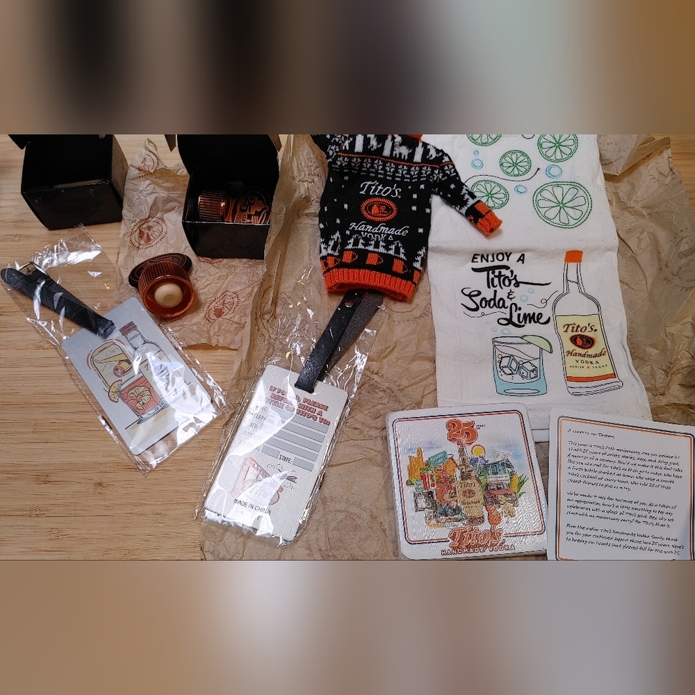 Tito's Handmade Vodka 25th Anniversary Metal Corks, Tags, Coaster, Towel,Sweater